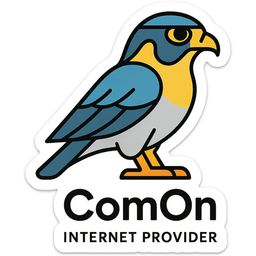 A sleek and modern peregrine falcon symbolizing speed and reliability for an internet provider named ComOn sticker
