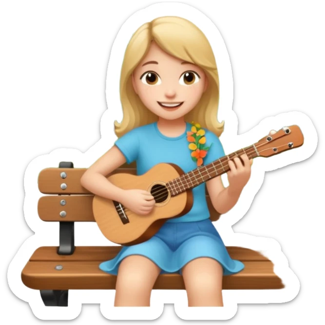 Teen girl – relaxed on park bench, strumming a ukulele, smiling.
 sticker