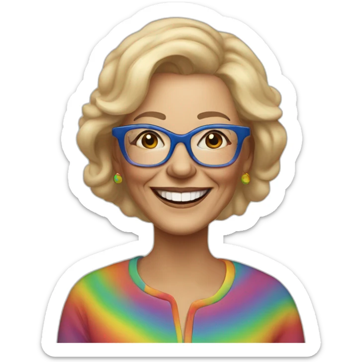 sixty year old woman, blonde hair, frame glasses, hand painted clothes, rainbow, smile sticker