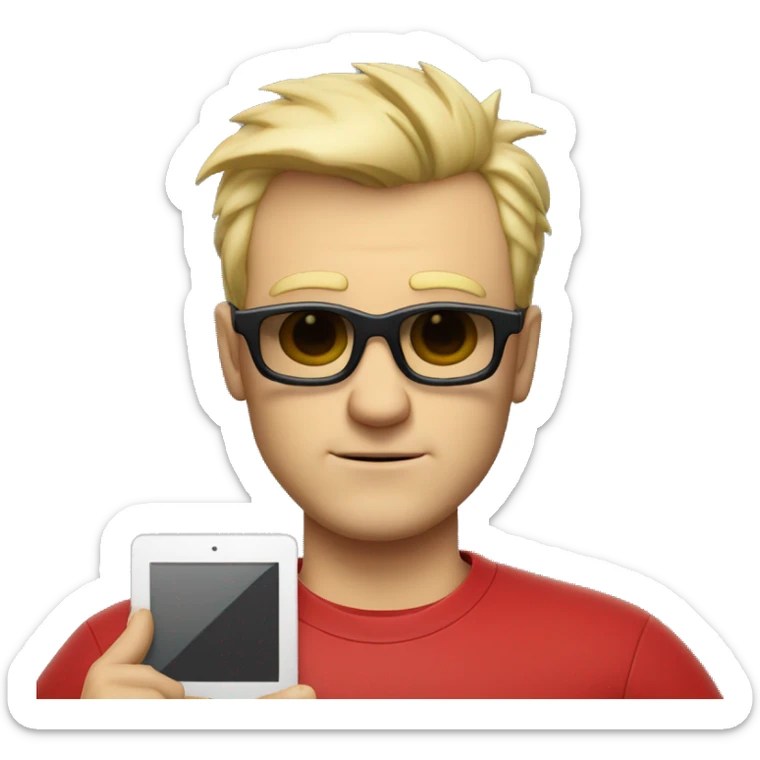 Nerdy middle aged white man with short blond spiky hair looking confused and wearing sunglasses and a red tee shirt holding an electronic tablet sticker