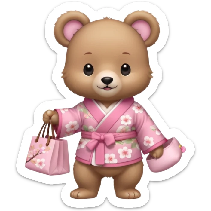 A cute baby bear character in pastel style, standing upright like a human. 
Light brown soft fur, large round ears, rounded paws and feet. 
Wearing a pink kimono with soft cherry blossom patterns on the sleeves and bottom, Holding a cute pastel shopping bag with one paw, walking pose. sticker