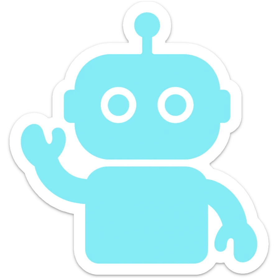 cute robot with waving hand and big eyes, main color #b0f2f8, color icon style sticker