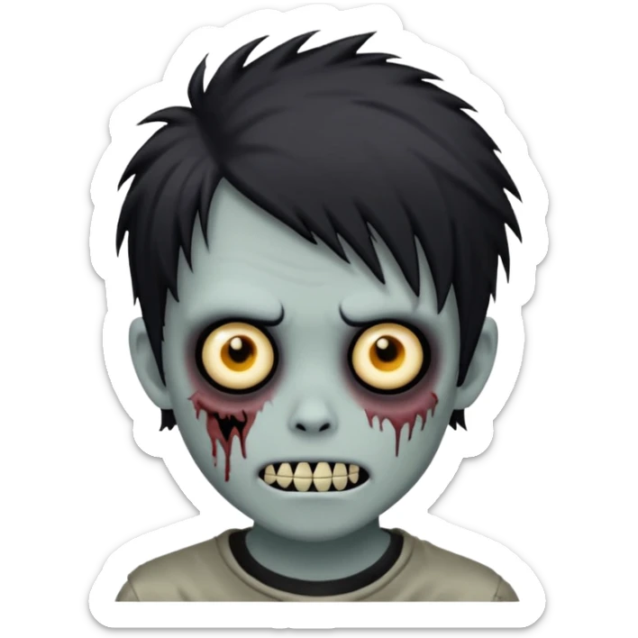 zombie boy, black shaggy hair, emo look, dark circles under eyes, sinister grin sticker