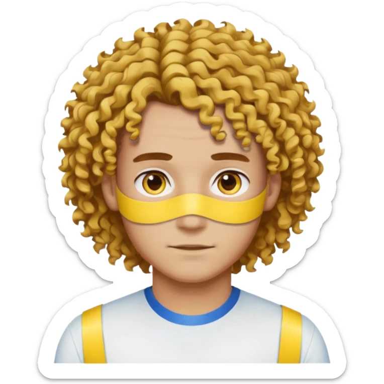 Make me an emoji that has a guy with a white shirt and yellow tape around the shirt with brown and blue spots hair make the hair curly make the yellow tape go around it sticker