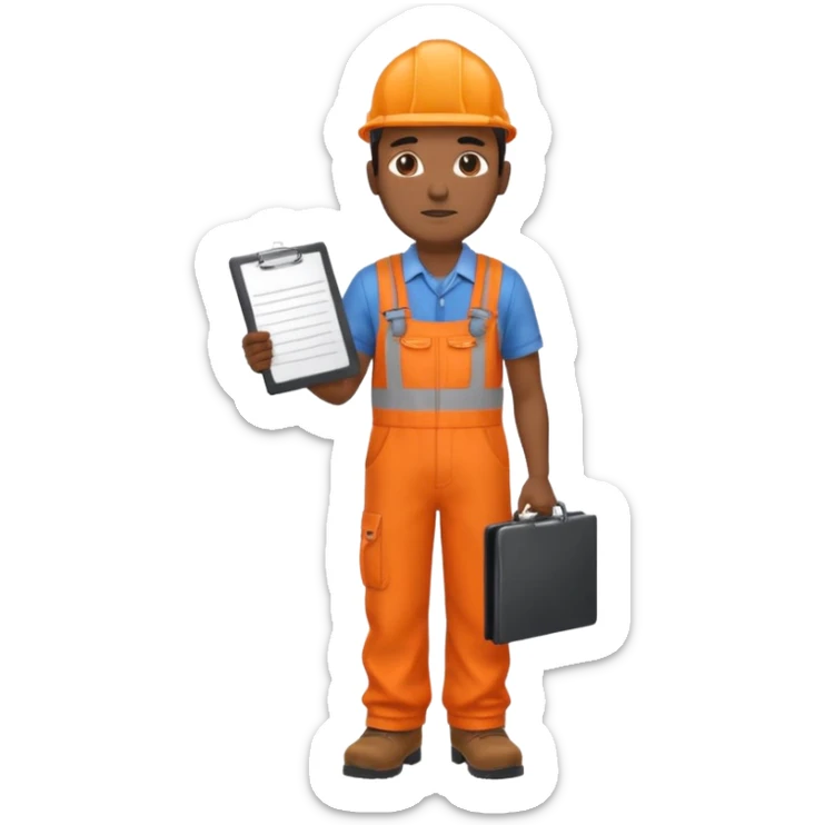 Indian male railway engineer orange overalls, boots holding a clipboard view from rear sticker