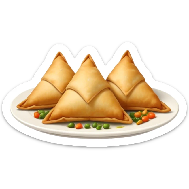 Cinematic Realistic Samosas Dish Emoji, depicted as golden, crispy pastry pockets filled with spiced vegetables rendered with detailed textures and appetizing lighting. sticker