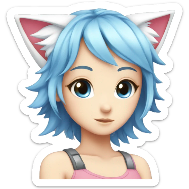 anime girl, fox ears, different eye color one blue eye, one white eye,  blue hair, pink hair sticker