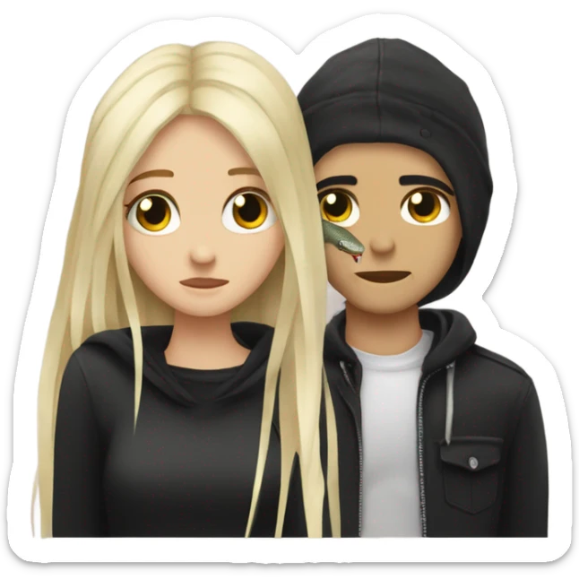 Emo couple hugging  guy with emo hair black snake bite lip rings hair girl with blonde hair sticker