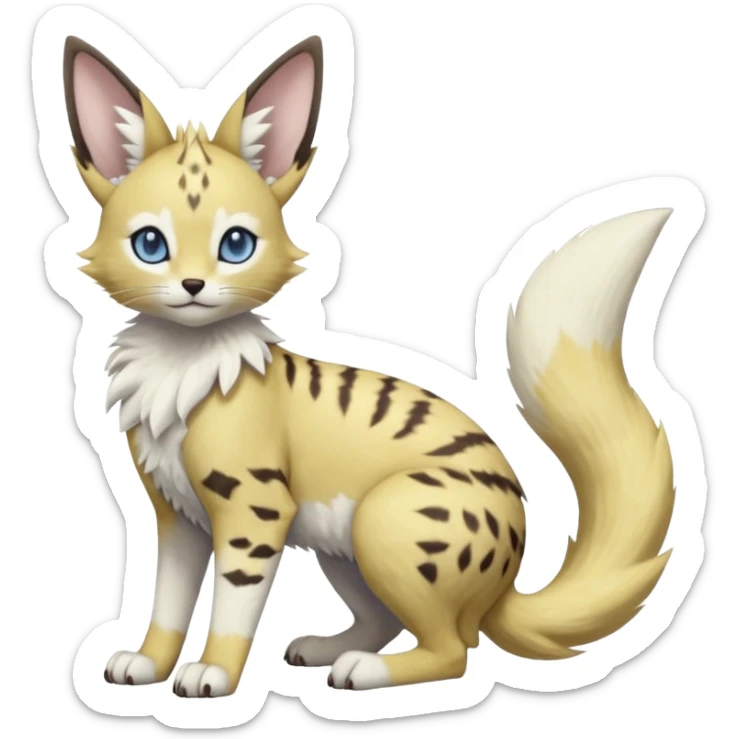 Albino-white, blue-eyed soft natural realistic romantic vintage antique divine beautiful elegant pretty precious cute young youthful  Fakémon-Pokémon-feline-Zeraora-Jolteon-serval-caracal-chinchilla-Minccino-Cinccino-Meowstic-rodent-hybrid-creature with a big fluffy bushy tail (full body) sticker