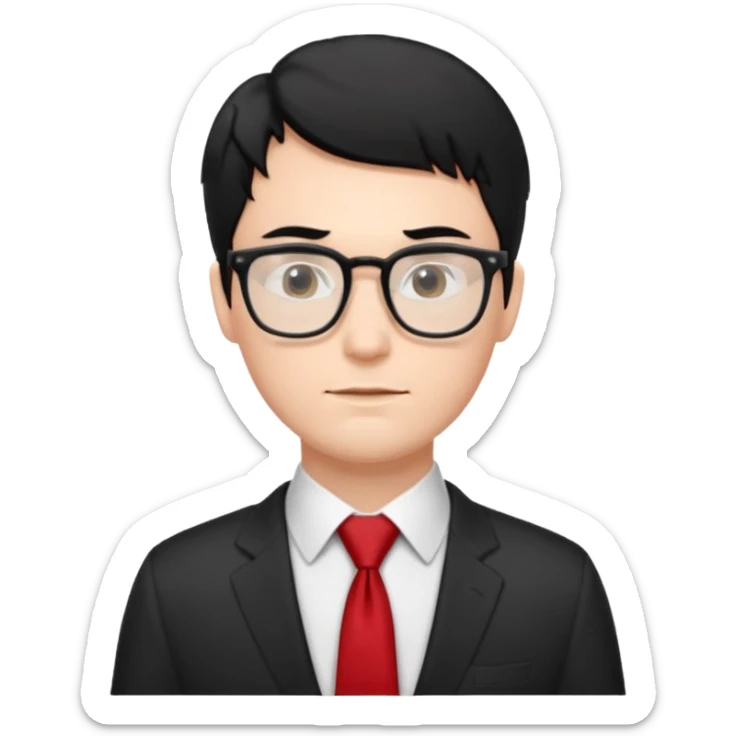 white man in white shirt, having red tie, black hair, wearing glasses sticker