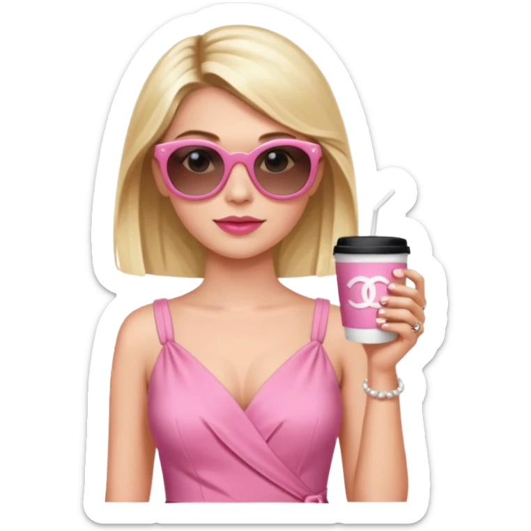 Chanel Oberlin, holding a coffee cup, wearing sunglasses, stylish pink dress sticker