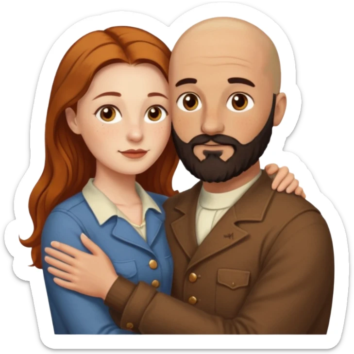 Couple. Bald man with dark brown-black beard. White woman with many small, faded freckles, she has white skin and she has auburn-yellow-brown-cinnamon, dark long hair. She has light brown eyes. The man have hazel eyes. Retro style. They hug. sticker