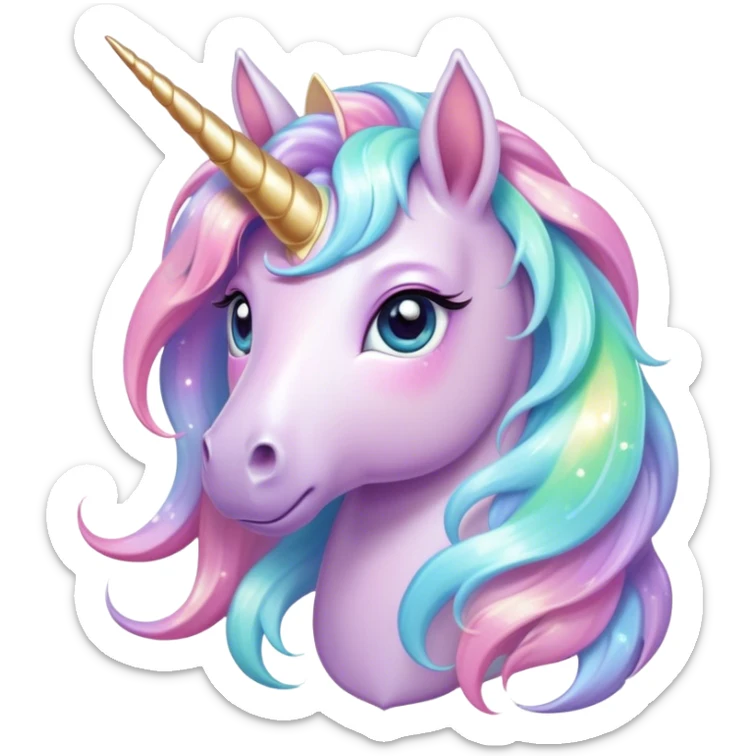 Cinematic pastel-colored unicorn, flowing iridescent mane, big sparkling eyes, tiny rounded hooves, soft chubby cheeks, delicate magical glow surrounding, enchanting and dreamy. sticker