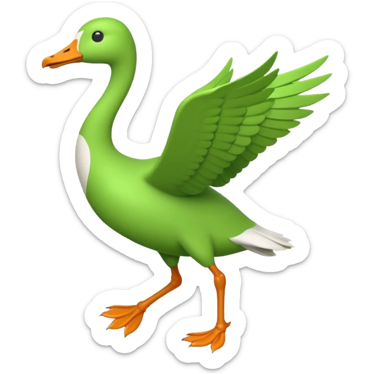 "Running goose emoji with long neck and two legs, all bright green #39C700. Wings must be tightly folded against the body—no flapping, no spread wings, no movement." sticker