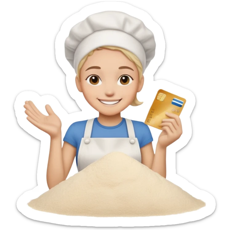Smiling face with credit card and a pile of flour sticker