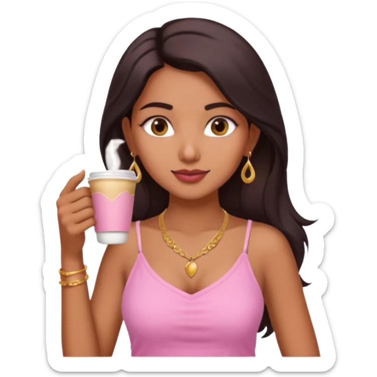 a pretty fair indian bratz girl with a pink cami top, drinking takeaway coffee, golden dainty necklace sticker