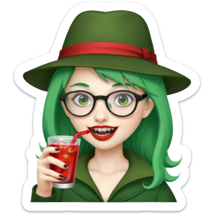 vampire green hair Drink holders with hat, wearing glasses, female,,teeth looks like vampire sticker