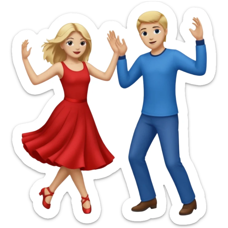 Two people dancing, one wearing red with blond hair and one wearing blue with brown hair and dark skin sticker