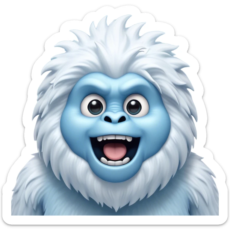 Cinematic Comical Yeti Portrait Emoji, with a cartoonishly exaggerated, fluffy figure in cool, frosty whites and icy blues, head tilted in an overly surprised expression with wide, comically sparkling eyes and a quirky, open-mouthed grin, simplified yet hilariously detailed, glowing with a soft frosty outline capturing the meme-worthy fun of a yeti in playful shock! sticker