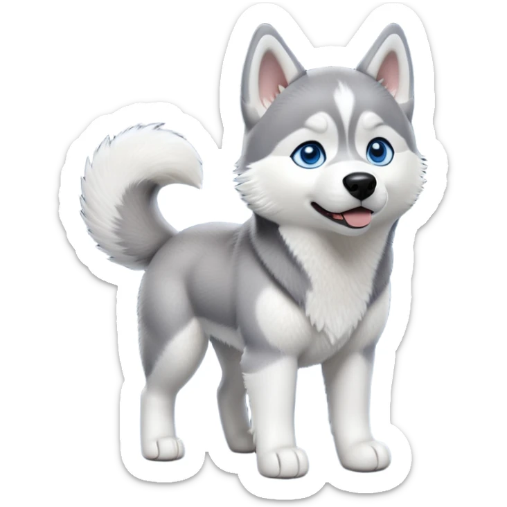 cinematic-[siberian husky]-realistic-full-body-standing-emoji,-tail-resting-loosely-beside-its-paws,blue eyes-head-tilted-dramatically, -fluffy-[grey and white]-fur,-simplified-yet-realistic-focused-features,-highly-detailed,-glowing-with-an-almost-sarcastic-glow sticker