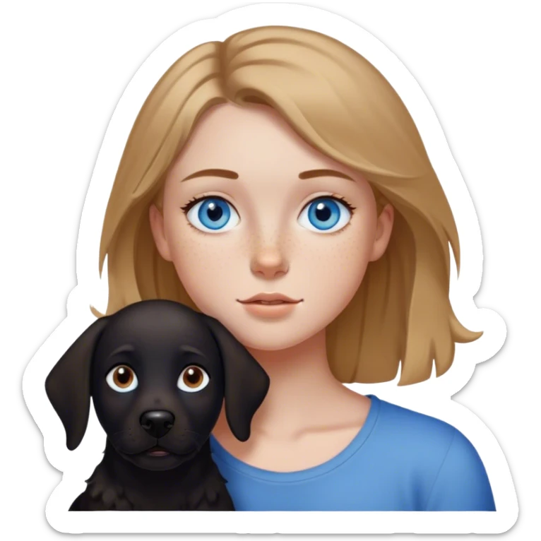 Uma menina de olhos azuis cabelo loiro escuro com sardas no rosto com uma cachorra preta sticker