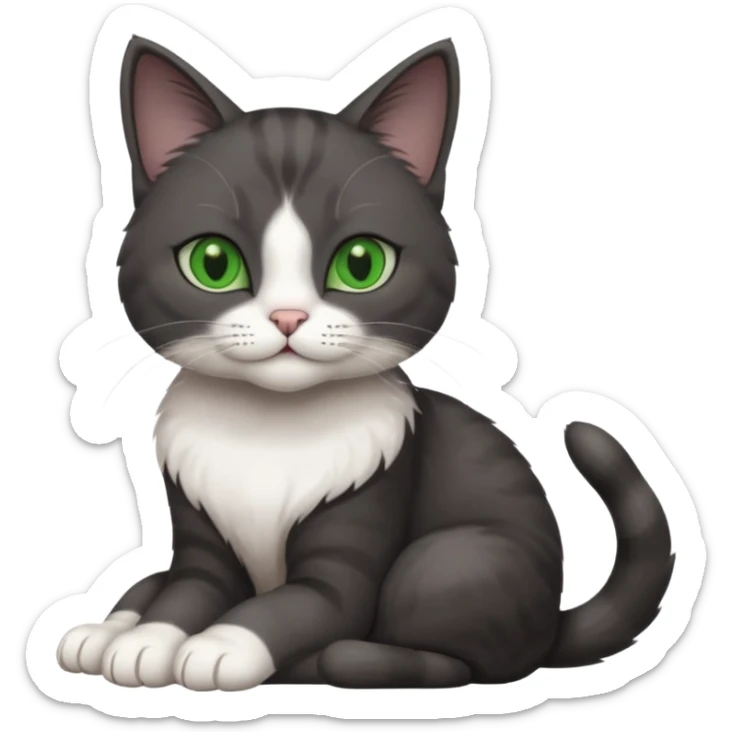 full body view of beautiful female solid dark grey cat with green eyes, white toes/paws and white patch on her chest sticker