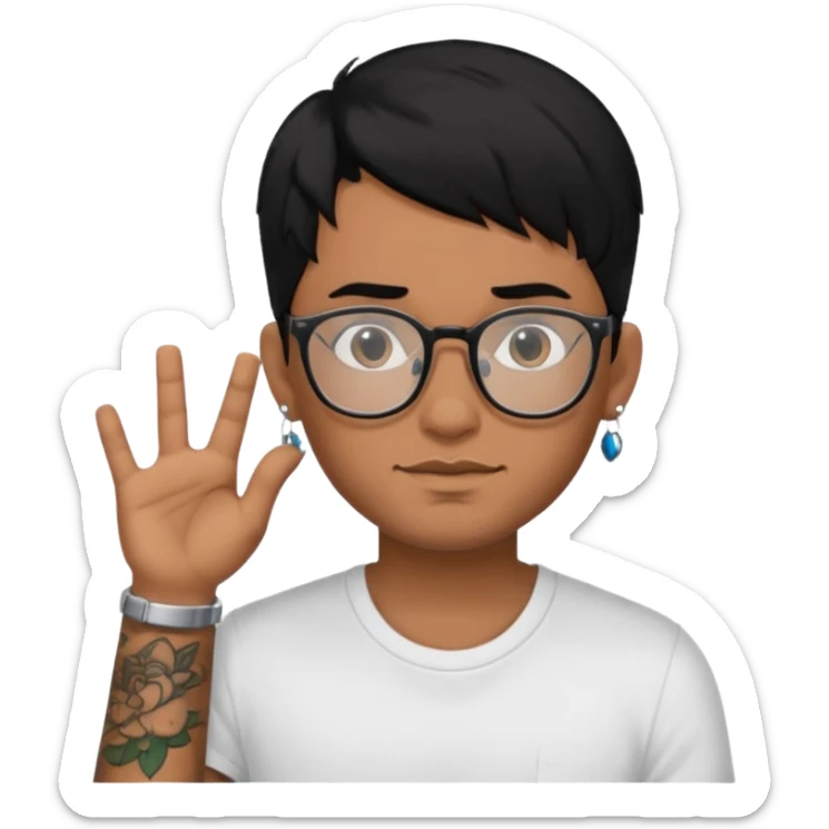 man with tattoo, black hair, wearing glasses, have 1 earring sticker