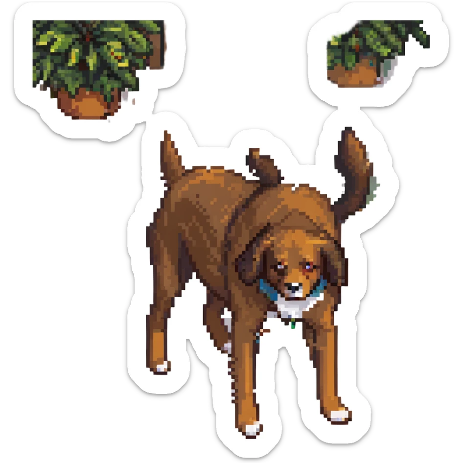 A dog hiding in the bushes with a gun, brown fur, stealthy pose. sticker