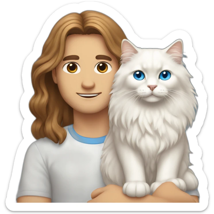 man with brown long hair and blue eyes holding a white Siberian cat sticker