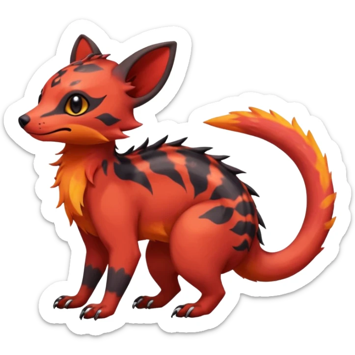 Rare tropical warm-colored exotic cute epic aesthetic colorful Salandit-Eevee-Civet-species-Fakemon-hybrid-creature, with wild fiery markings, full body sticker
