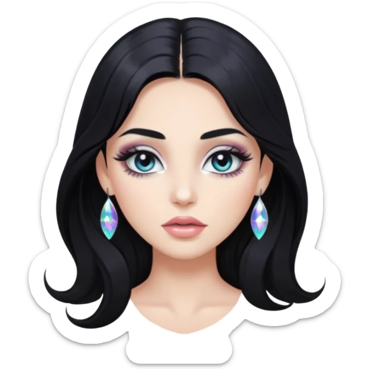 douyin long black hair silver grey eyes glossy lips glittery iridescent white eyeshadow girl sticker