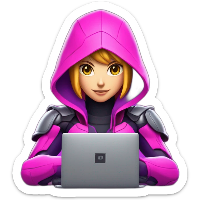 Girl developer behind his laptop with this style : Nintendo Samus Video game neon glowing bright purple pink black hooded hacker themed character sticker