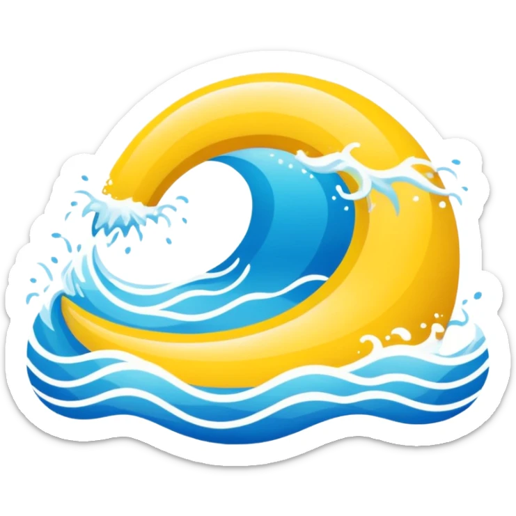A swimming pool symbol with waves, representing broad sports variety (swimming, gym, classes). Rounded shapes, flat bright colors. sticker