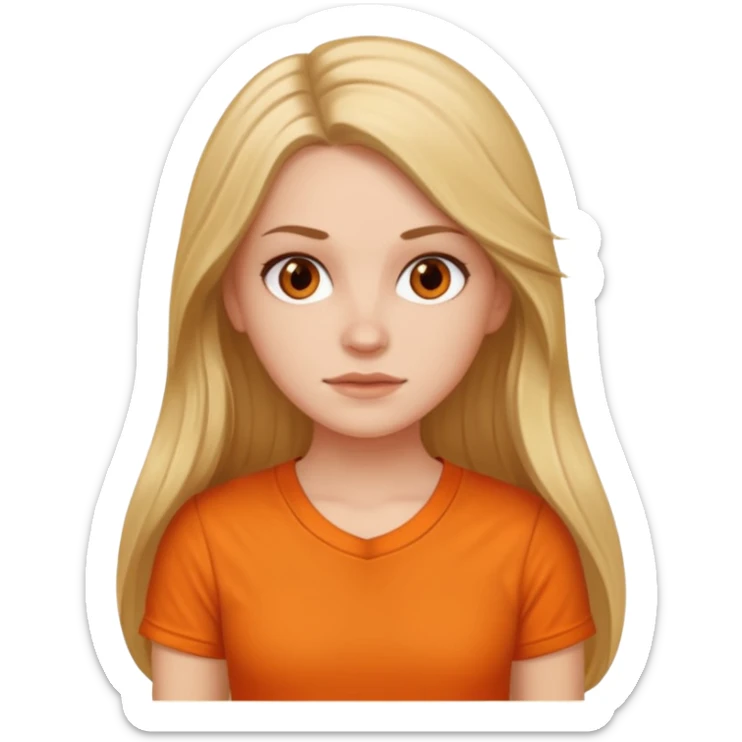 white girl with long hair and orange shirt not smiling sticker