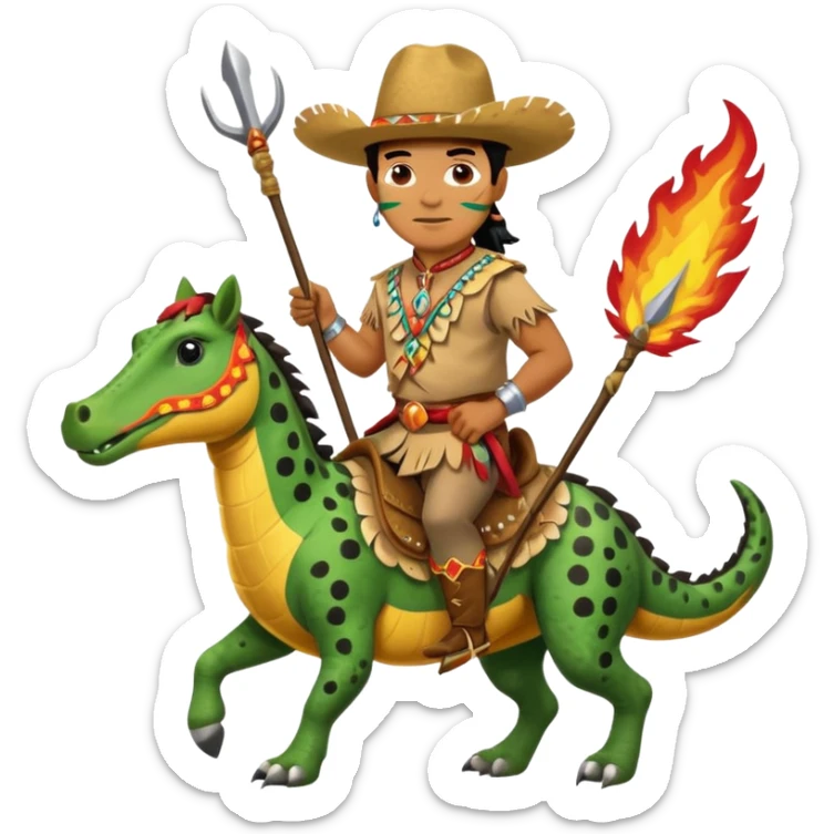Male Chief Osceola wearing traditional Seminole garb and face paint , riding Appaloosa horse and planting a spear with feathers and flames on tail into alligator sticker