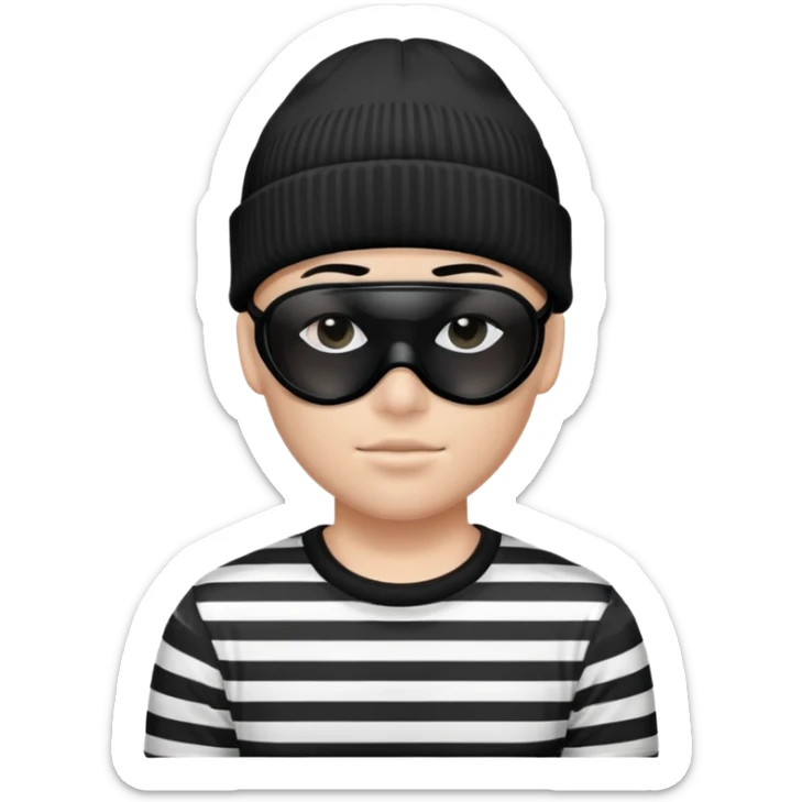 character with black and white striped shirt, black beanie, black mask over eyes sticker