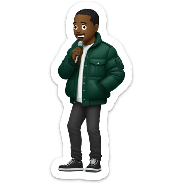Side profile of a hip hop artist. He has an arm extended down and is holding a mic in that hand. He's wearing a dark green puffy jacket.  sticker