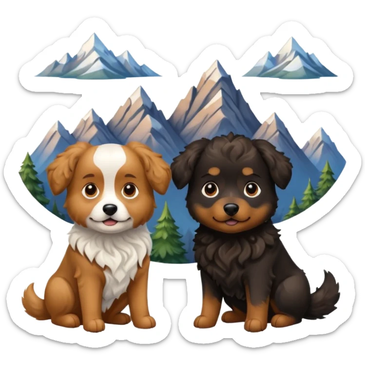 two dogs with wavy hair, one black and one brown with mountains sticker