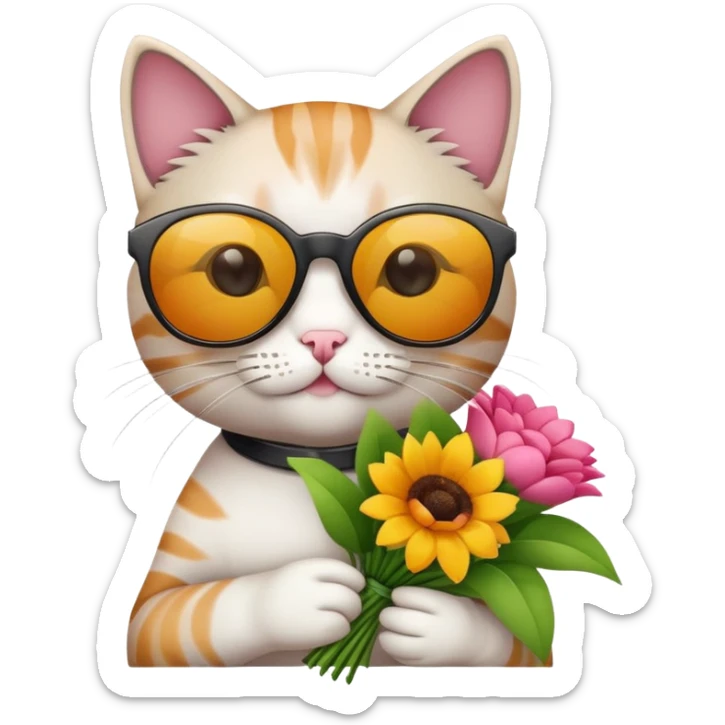 cat wearing sunglasses holding a bouquet of flowers sticker