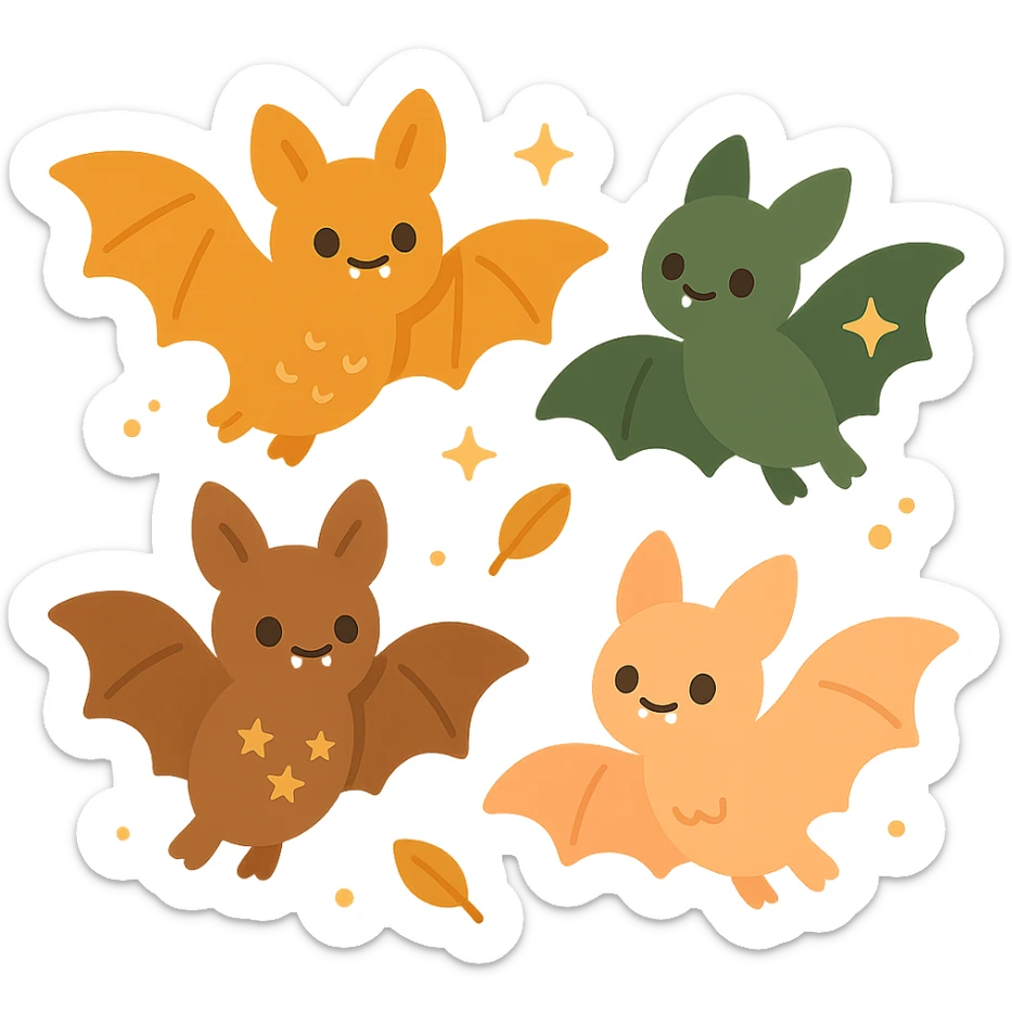 A group of cute, flying bats with a soft and magical aesthetic, illustrated in a warm color palette: golden orange (FA9B41), deep forest green (4A7C5C), muted taupe brown (96775A), and pastel peach (FFCC9A). Each bat has round, friendly eyes, small fangs, and gentle wing shapes with whimsical patterns or tiny stars. Their fur and wings are colored in soft combinations of the given tones, giving them a cozy, storybook-like charm. They fly playfully through a softly glowing night sky with sparkles or floating leaves, creating a dreamy, enchanting atmosphere. The mood is cute, calm, and a little magical sticker