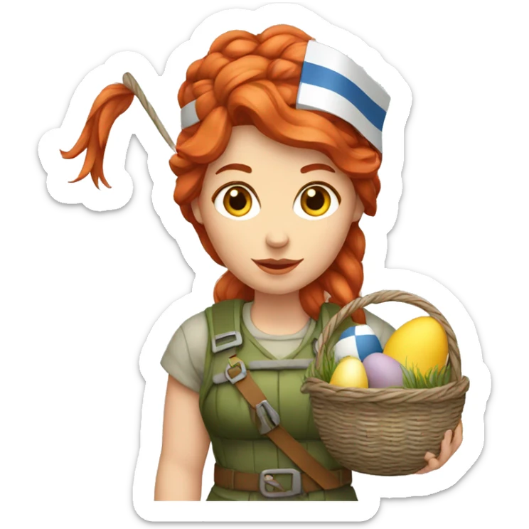 red hair female winter mountaineer with Easter basket and Greek flag sticker