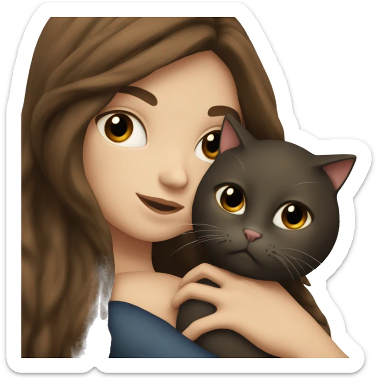white woman with very long brown hair and  hugging a black cat sticker