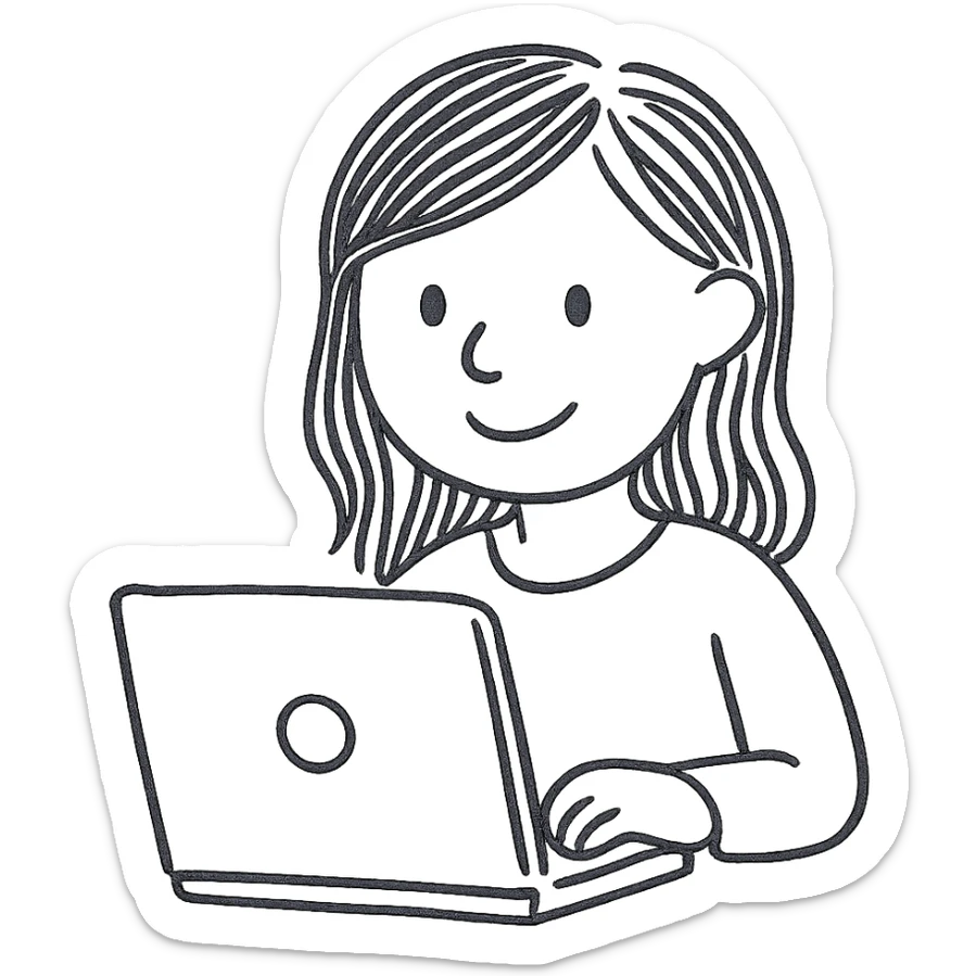 white girl with brown hair using a laptop, hand-drawn style, black outlined hand drawn icon sticker
