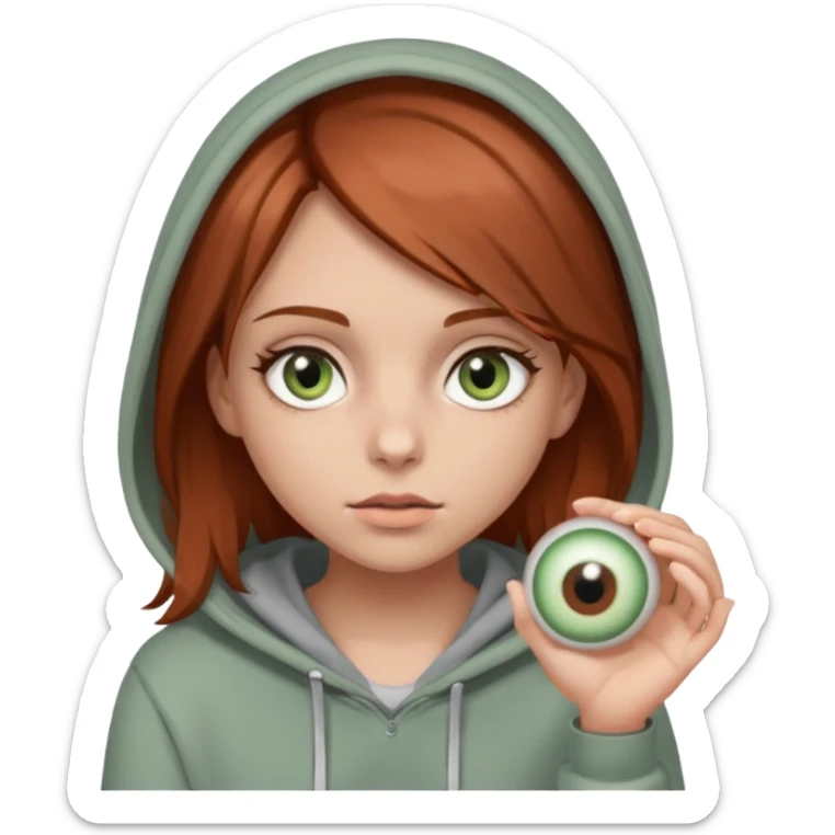 A girl with medium-length reddish-brown hair and hazel-green eyes, wearing a gray hoodie and holding an eyeball.  sticker