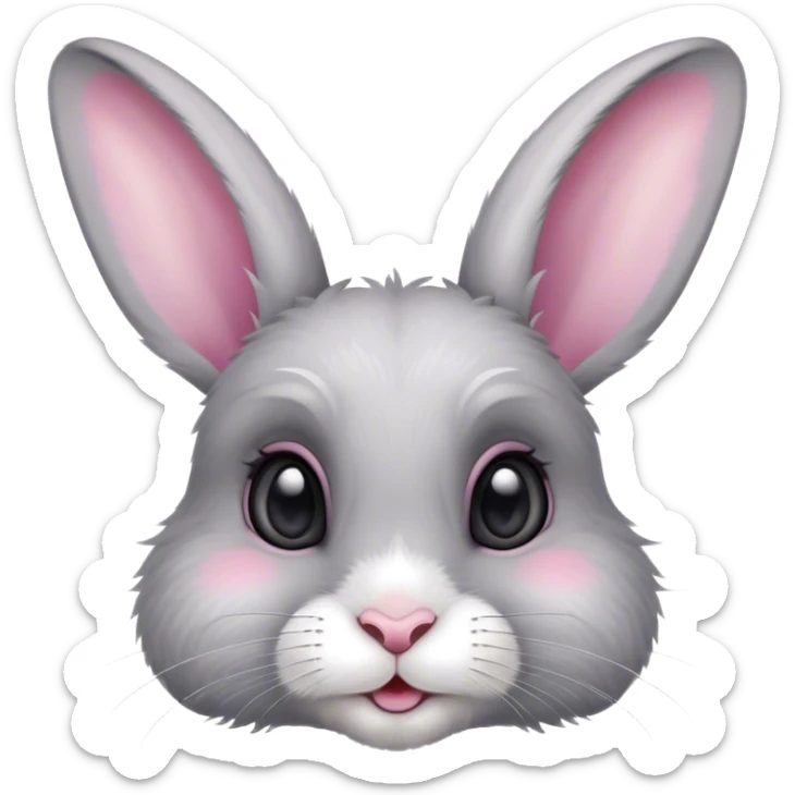 "A lively and expressive young rabbit with soft, fluffy fur in shades of gray and white. He has large, bright eyes full of mischief and curiosity, long ears that perk up attentively, and a small pink nose sticker