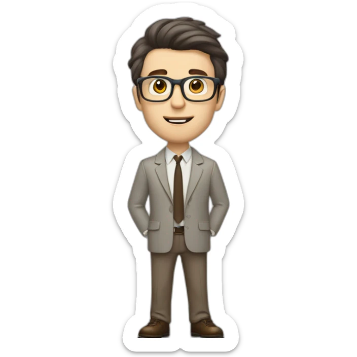 Full height Pale skinned Fit Man With dark brown hair in gray jacket, beige office shirt, tie, Brown pants and vintage glasses. Thrumbs of his palms directed up sticker