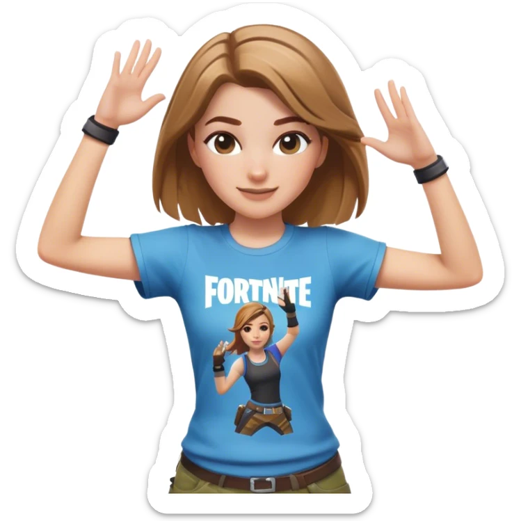 White girl with light brown hair dancing with Fortnite shirt sticker