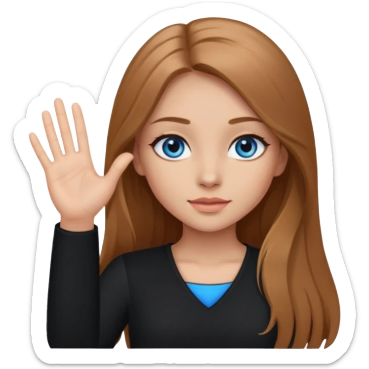 A girl with makeup, long light brown hair, blue eyes, with her palm up. with black clothes sticker
