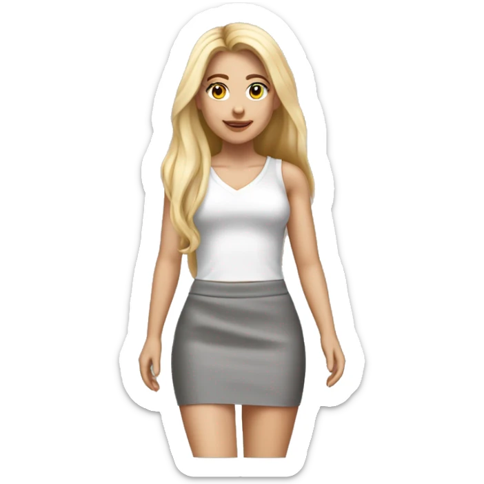 realistic caucasian blonde, long straight hair, white deep v-neck crop tanktop, gray tight mini skirt, walking body view sticker