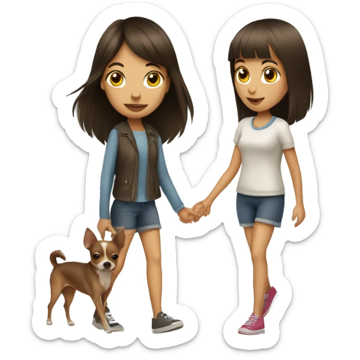 A brunette girl with fringe walking with her chihuahua  sticker